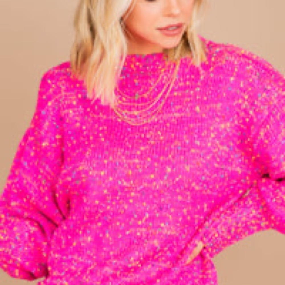 Hot Pink Balloon Sleeve Sweater w Popcorn Multicolour Accents Sz M EUC OVERSIZED